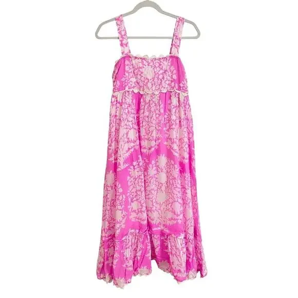 Juliet Dunn Square Neck Palladio Print Cotton Midi Dress Pink White Orchid - Picture 7 of 11